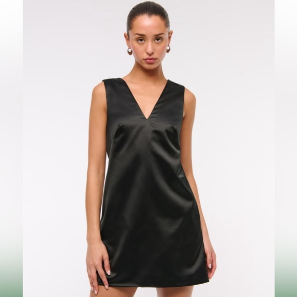 Abercrombie & Fitch Satin Plunge Bow-Back Mini Dress- Black - Picture 2 of 6